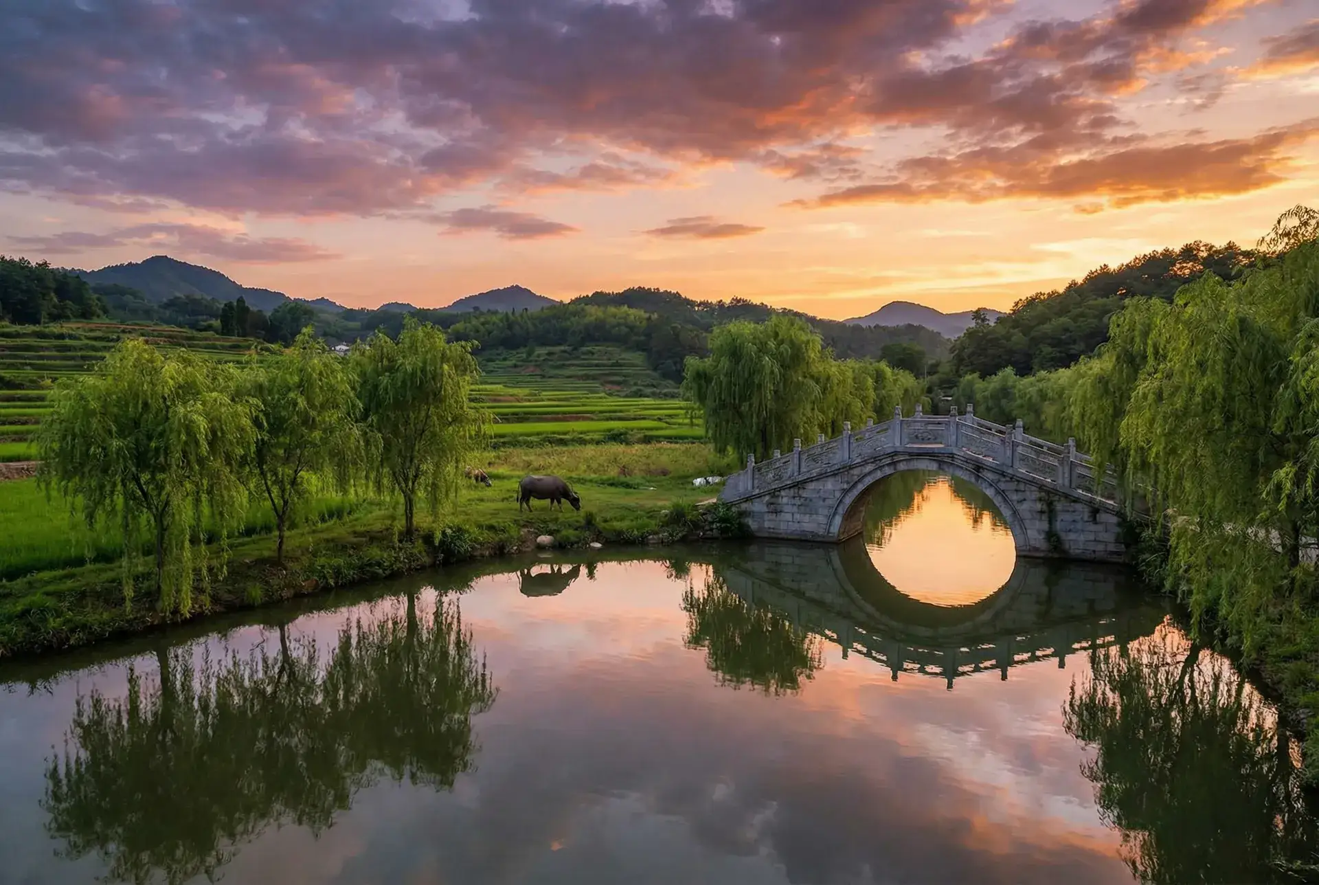 夕阳下的石拱桥与垂柳，水牛在河边吃草 - 中文字幕av 乡村美景